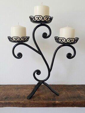 Vintage Wrought Iron Candelabra 3-Arm Candle Holder Black Scroll French Country